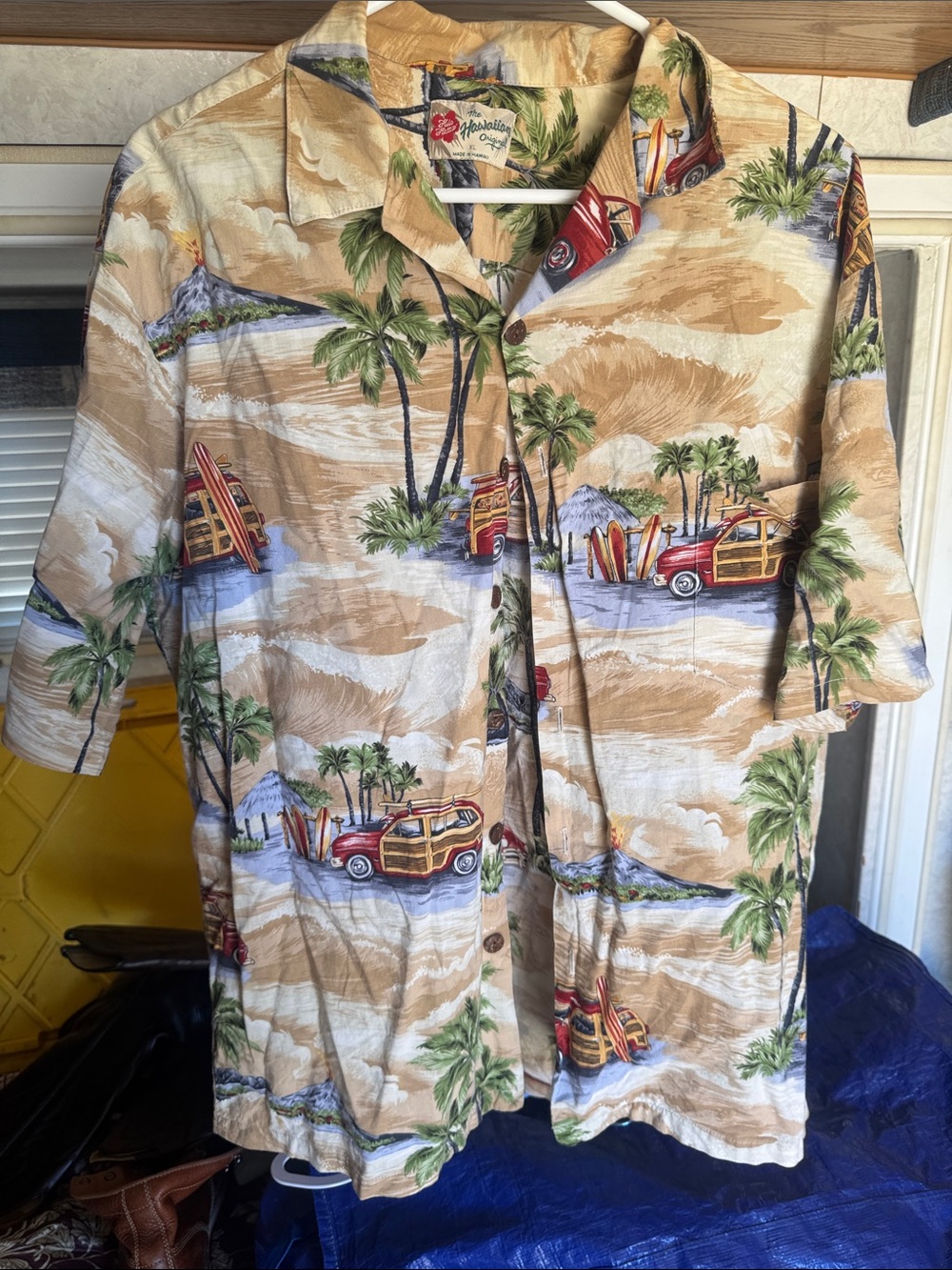 Tropical Surfwood Short Sleeve Button-Down Shirt - Tan Palm Print